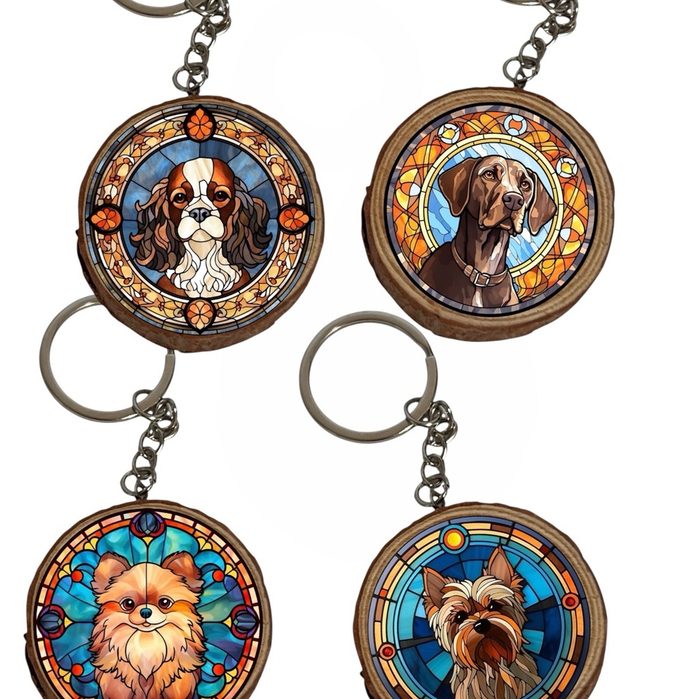 Dog keychains. Personalized stain glass look made of 2” wood made to order